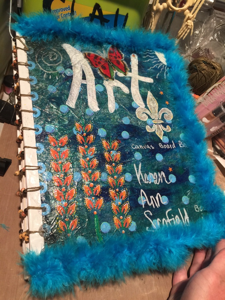 Handmade Blank Canvas Board Art Journal, by Karen. A. Scofield. Bound with a beaded coptic stitch.